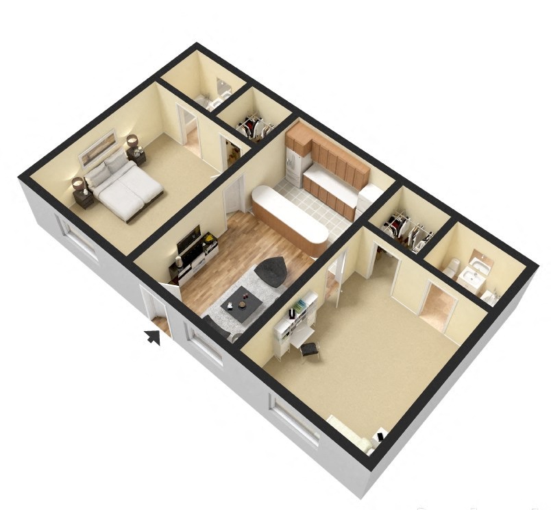 Floor plan for 2 beds, 2 baths, 880 sqft